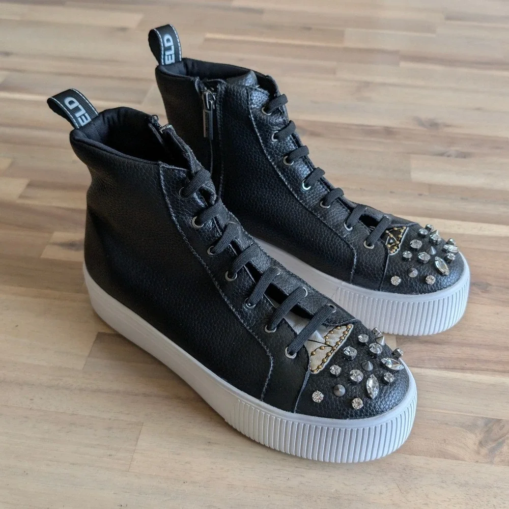 Karl Lagerfeld Paris Womens Embellished High Top Sneakers Leather Platform Sz 7.